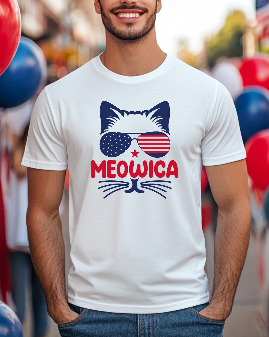 White t-shirt with a cat wearing American flag sunglasses and "Meowica" text.