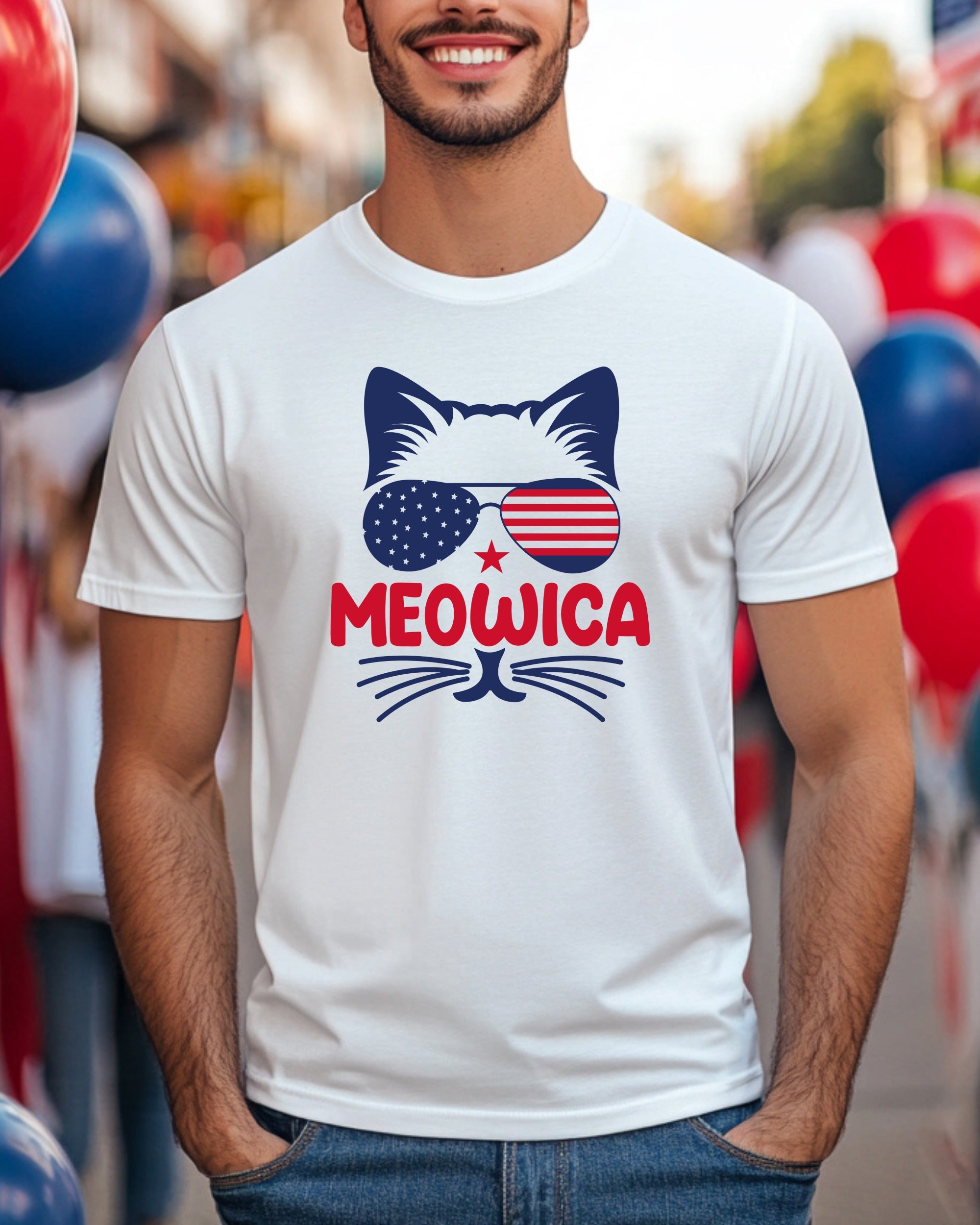White t-shirt with a cat wearing American flag sunglasses and "Meowica" text.