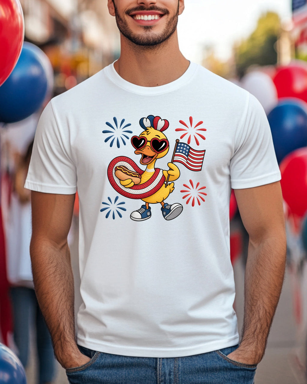 Duck wearing sunglasses and holding American flag, with hot dog float.