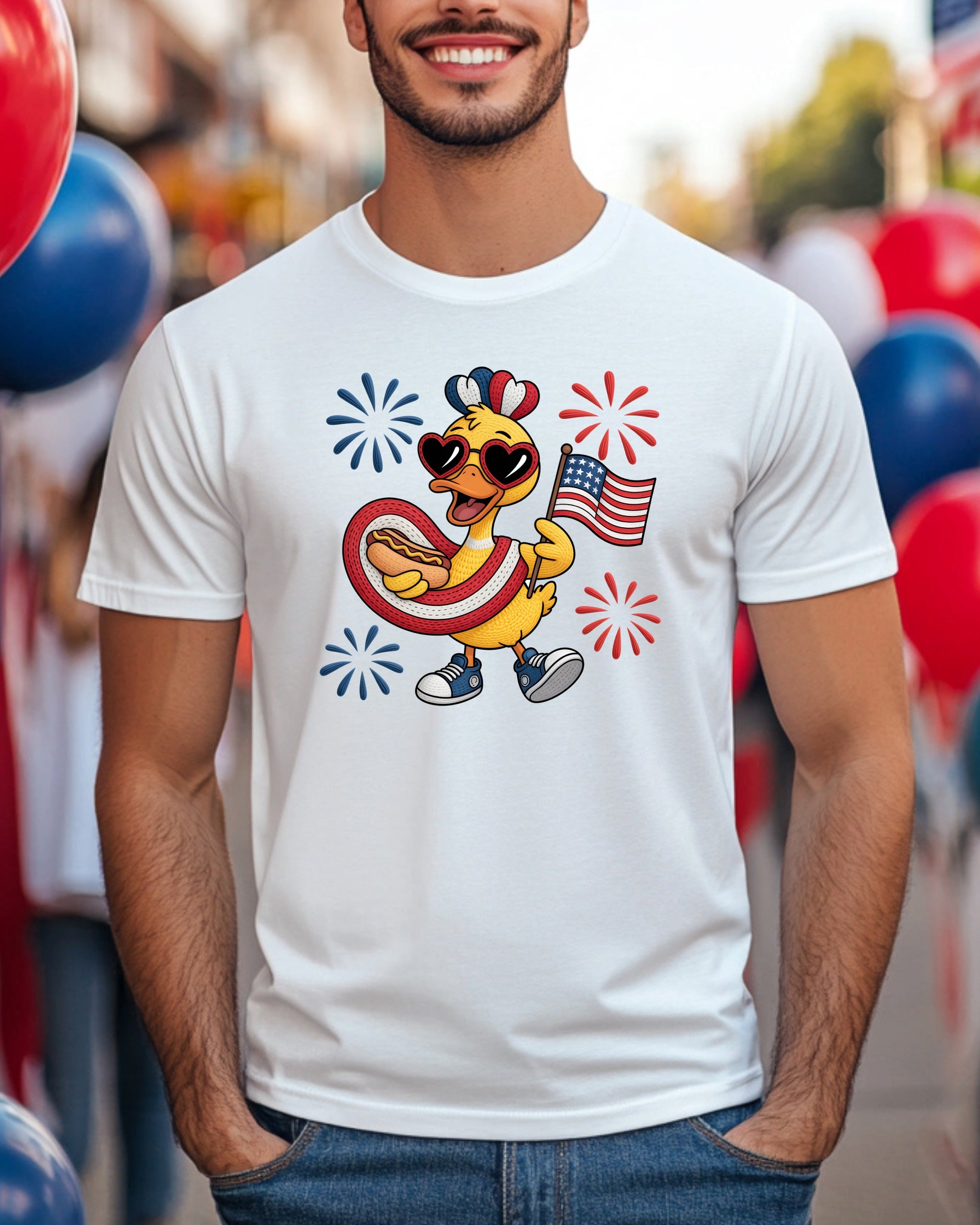 Duck wearing sunglasses and holding American flag, with hot dog float.