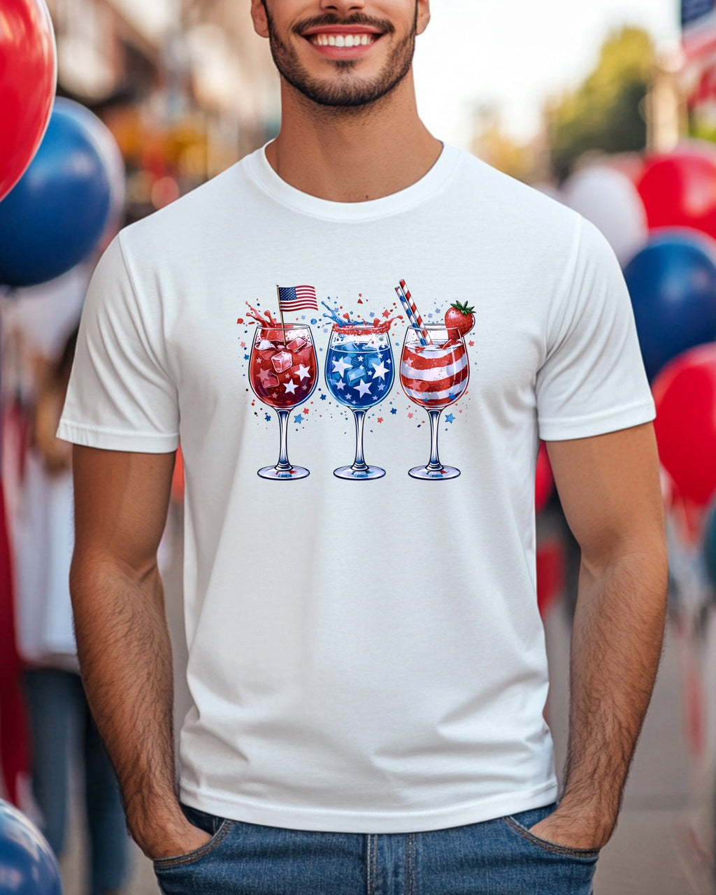 T-shirt graphic with three patriotic cocktails, American flags, and red, white, and blue details.