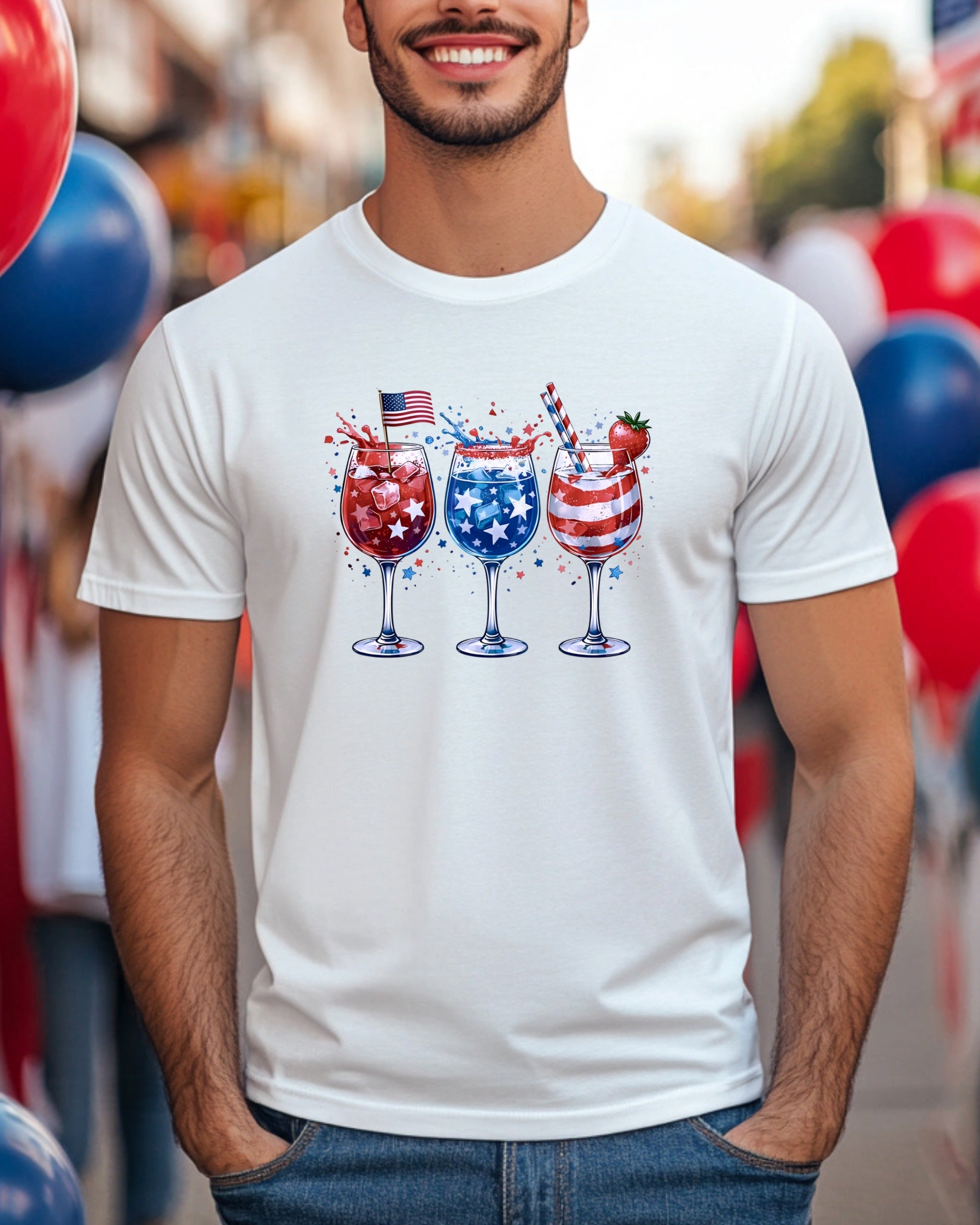 T-shirt graphic with three patriotic cocktails, American flags, and red, white, and blue details.